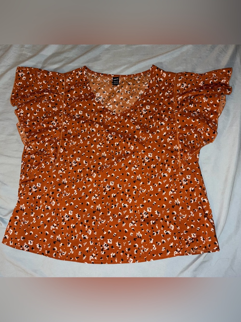 Orange with Black&White Floral Print V-Neck Blouse